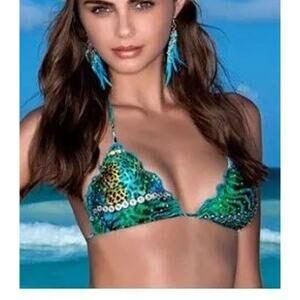 LULIFAMA | Blue Green Leopard Bedazzled String Tie Bikini Top Spring Break Y2K S